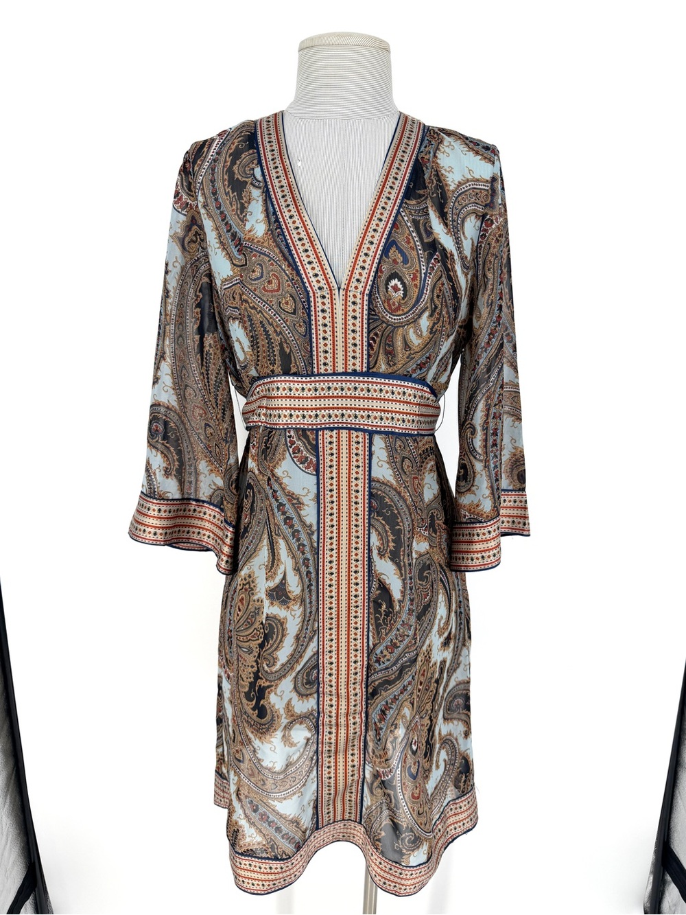 NY & Co Blue Paisley Boho Kimono Dress Sheer Belted A-Line w/ Bell Sleeves M